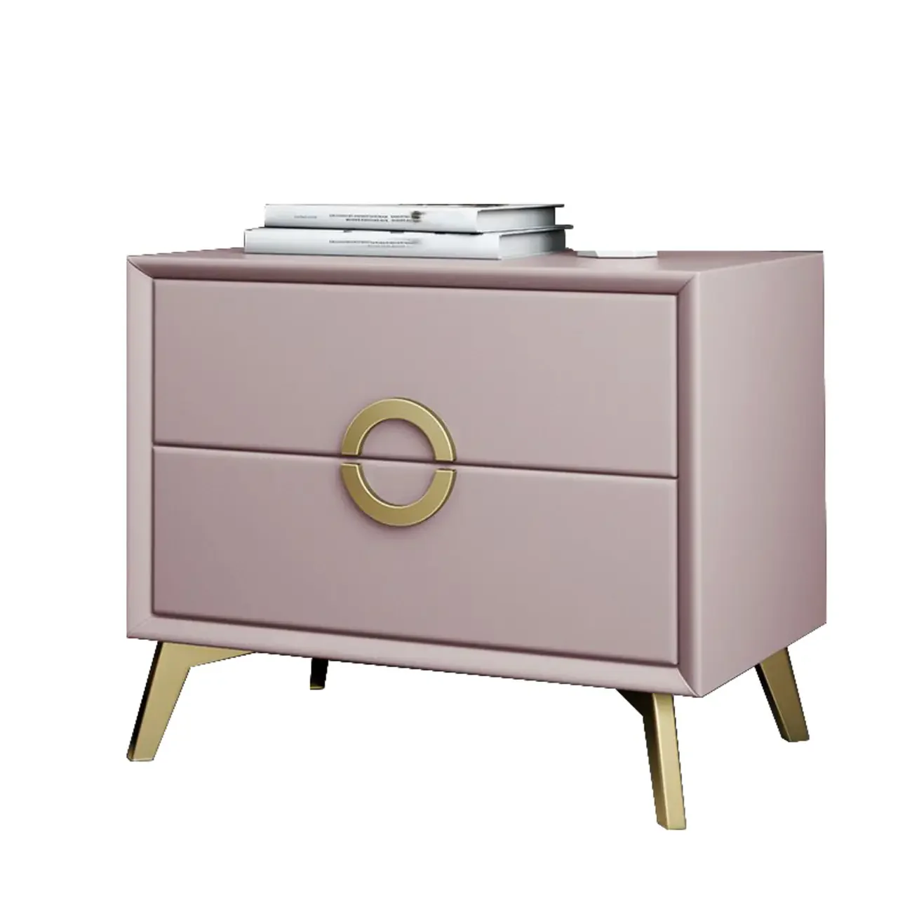 Chic Khaki Leather Gold Accents 2-Drawer Nightstand