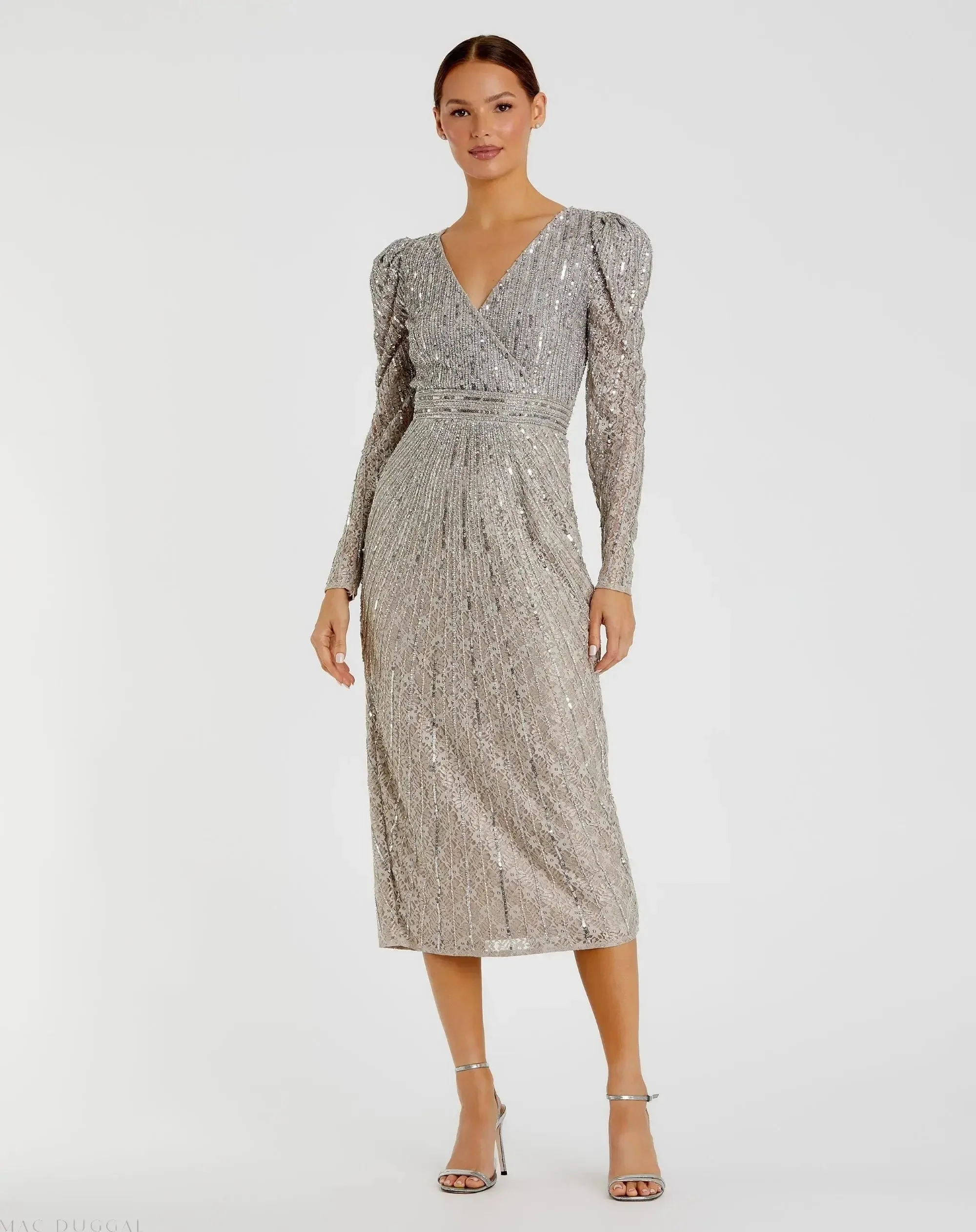 Beaded Lace Long Sleeve Midi Dress