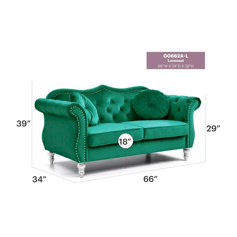 Hollywood 68 in. Velvet Chesterfield Loveseat with 2-Throw Pillow - 68L x 35W x 34H