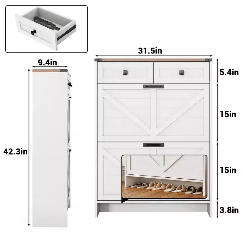 Shoe Storage Cabinet with 2 Flip Drawers and 2 Storage Drawers, Slim Freestanding Narrow Organizer Rack, Wooden Hidden Shoe Cabinet Organizer White