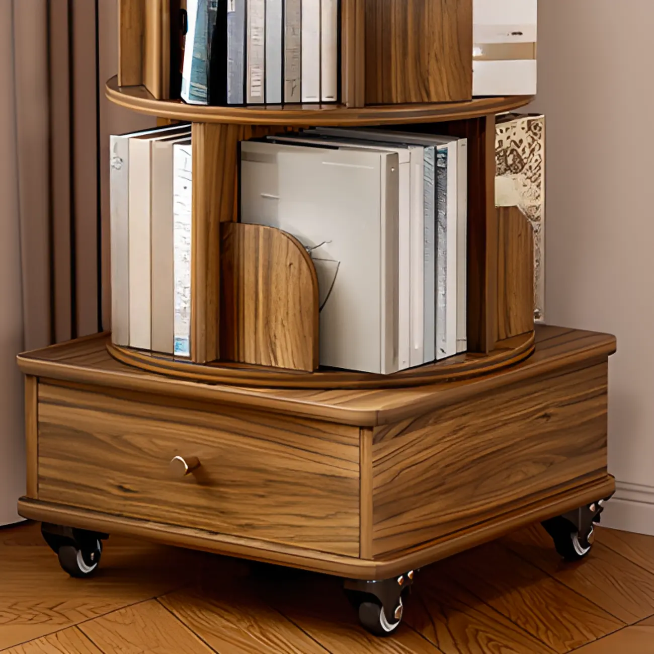Narrow Wood 5-Tier Revolver Sliding Bookcase with Drawer