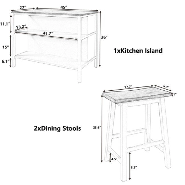 Rustic 3-Piece Solid Wood Kitchen Island Set  45 Stationary Butcher Block Table With Two Seating Stools & Dual Open Shelves.