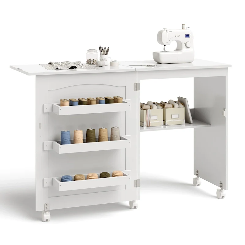 Folding Sewing Craft Table with Storage Shelves and Cabinet - White