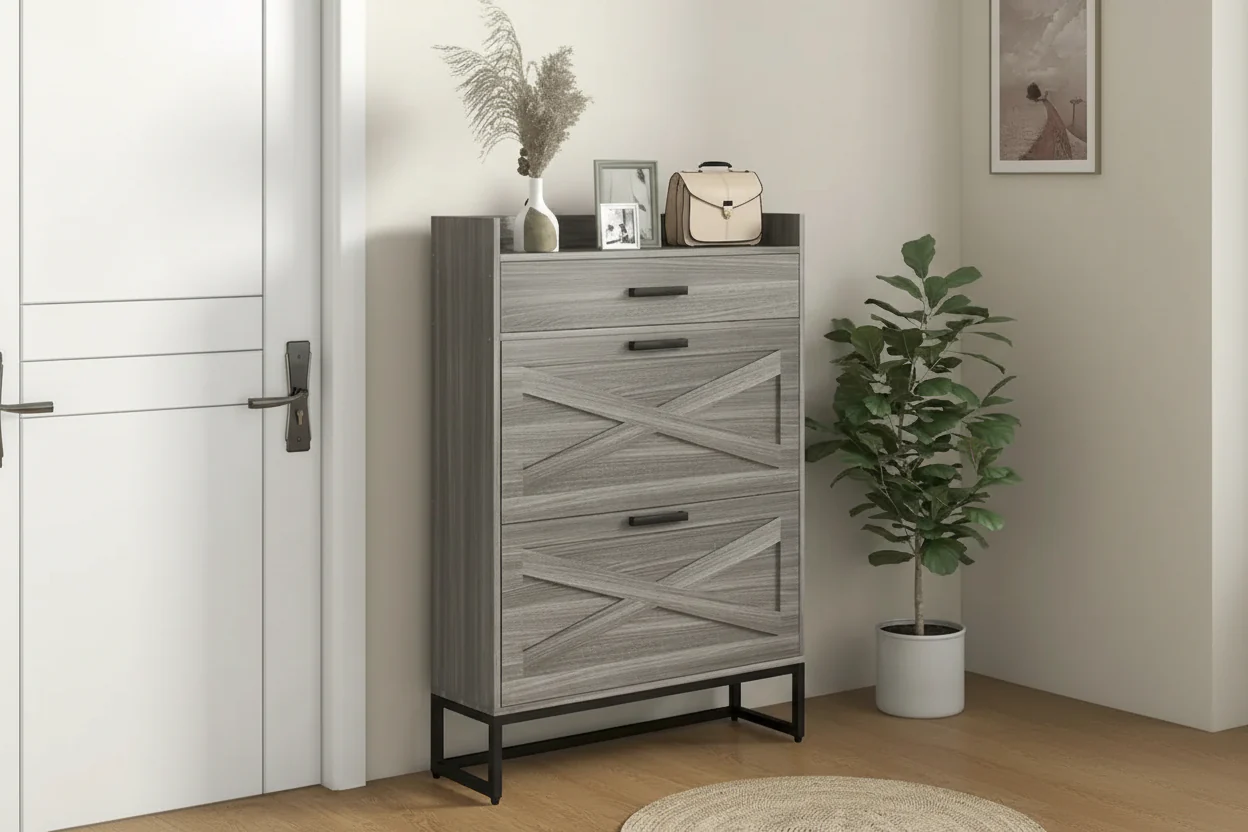 Casual Style shoe cabinet with Rattan Door Shelves and Shoe Cabinets, SOLID WOOD Feet