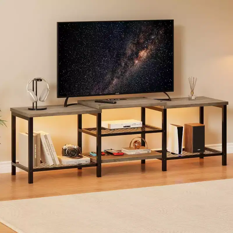 Acekool 67 Inch TV Stand with LED Lights & Power Outlets, Grey Entertainment Center for 55/65/75 Inch TV, Large Media Console for Living Room