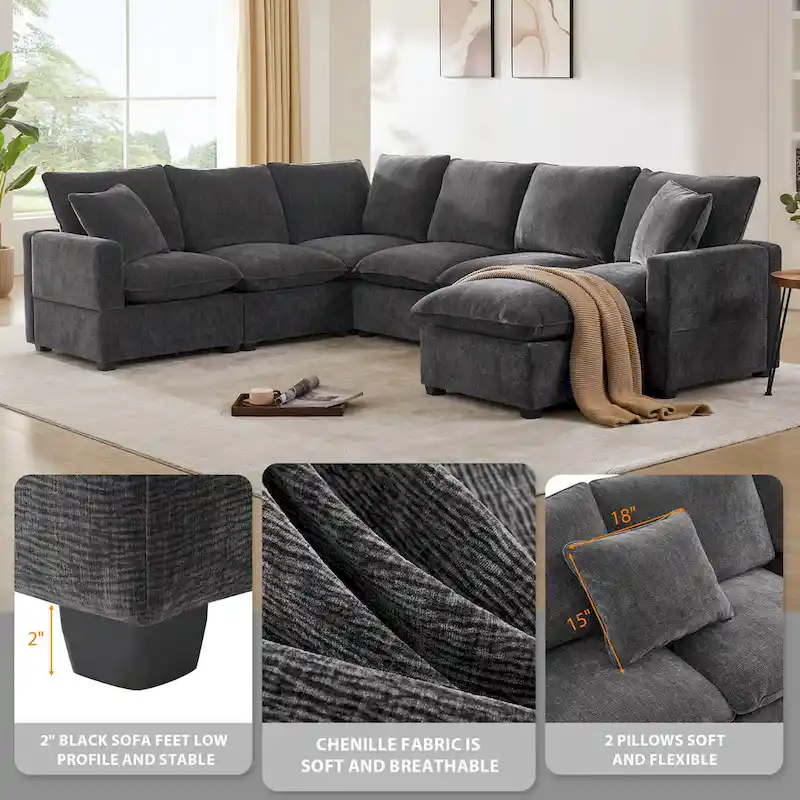 U Shape Modular Sofa, 7 Seat Chenille Sectional Upholstered Couch Set
