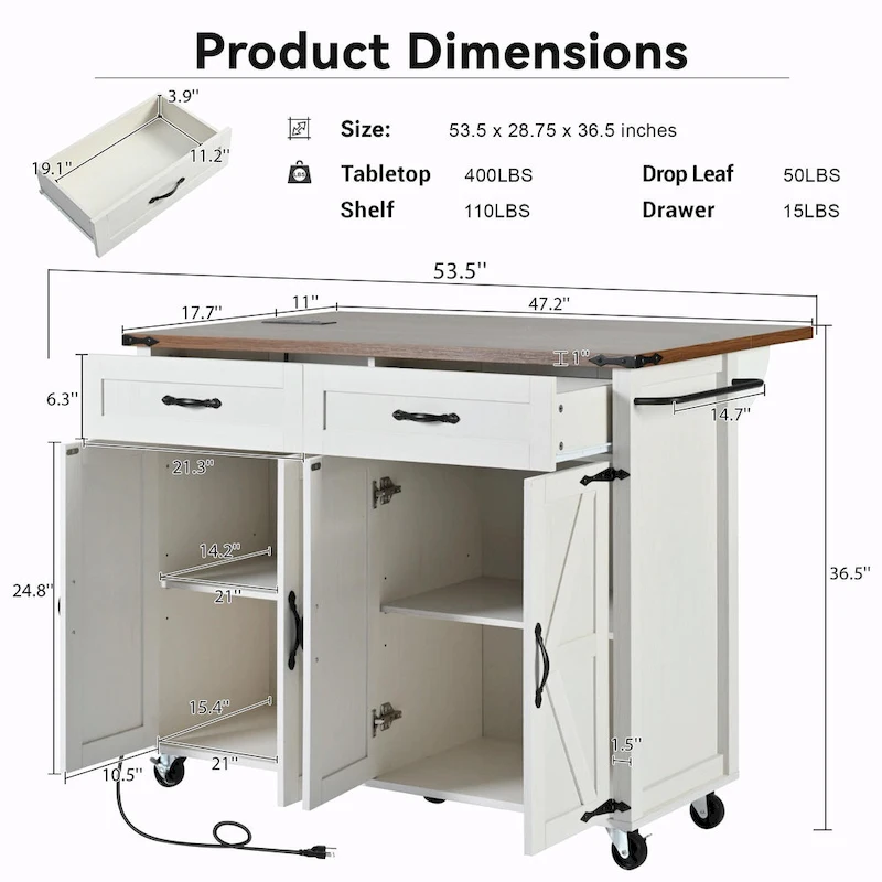53.5 Farmhouse Kitchen Island - Power Outlet, Drop Leaf, Spice Rack, Drawer, Rolling Cart on Wheels