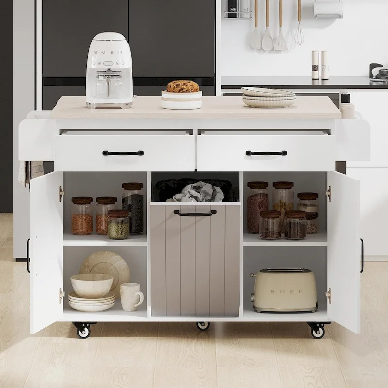 Kitchen Island with Trash Can Storage and Adjustable Shelf