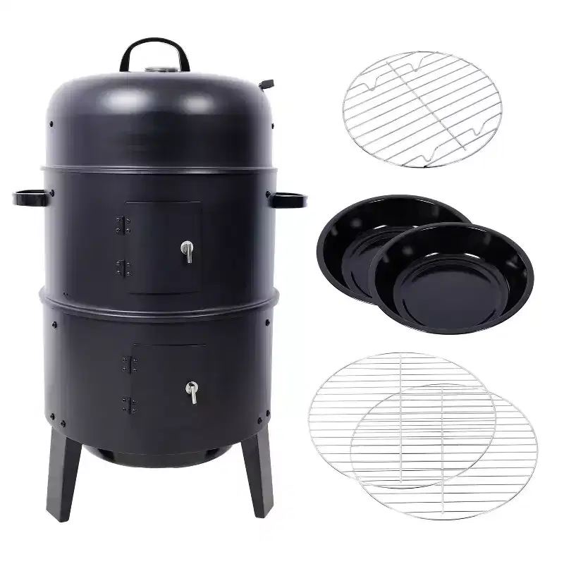Charcoal BBQ Smoker, Portable Vertical Grill Cooker With Built-in Thermometer, Round BBQ Grill with Access Door for Backyard Cooking Camping Parties