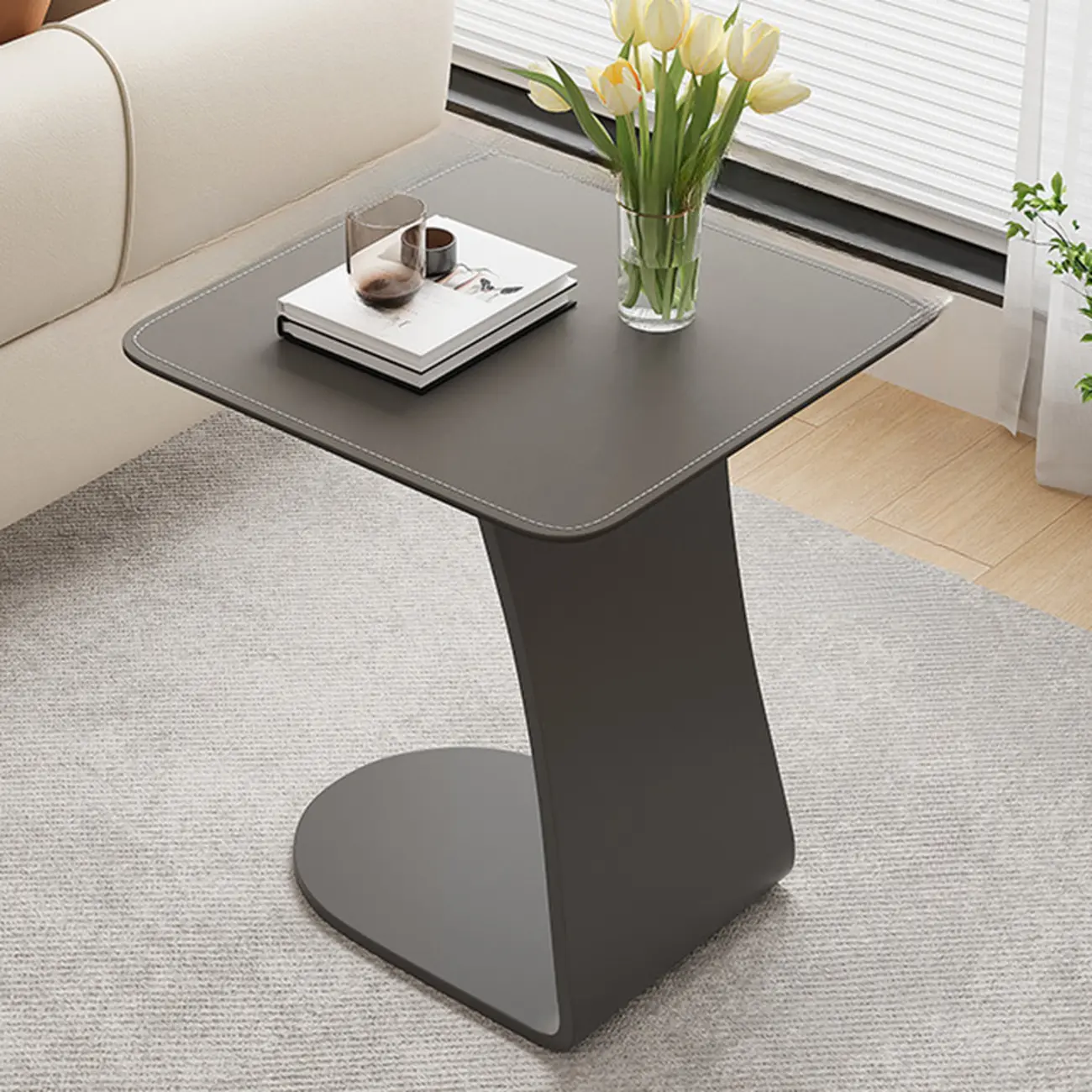 HomeyFad Square Leather Top C-Shape Metal Side Table