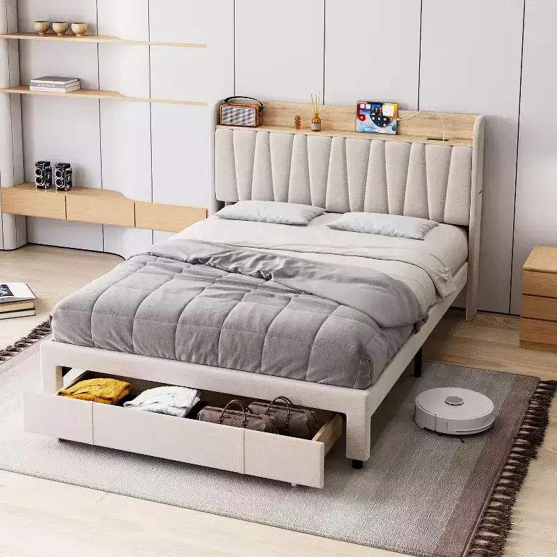 Whizmax Bed Frame with 2 Storage Drawers, Upholstered Platform Bed Frame with Storage Headboard, Mattress Foundation with Solid Wooden Slats Support