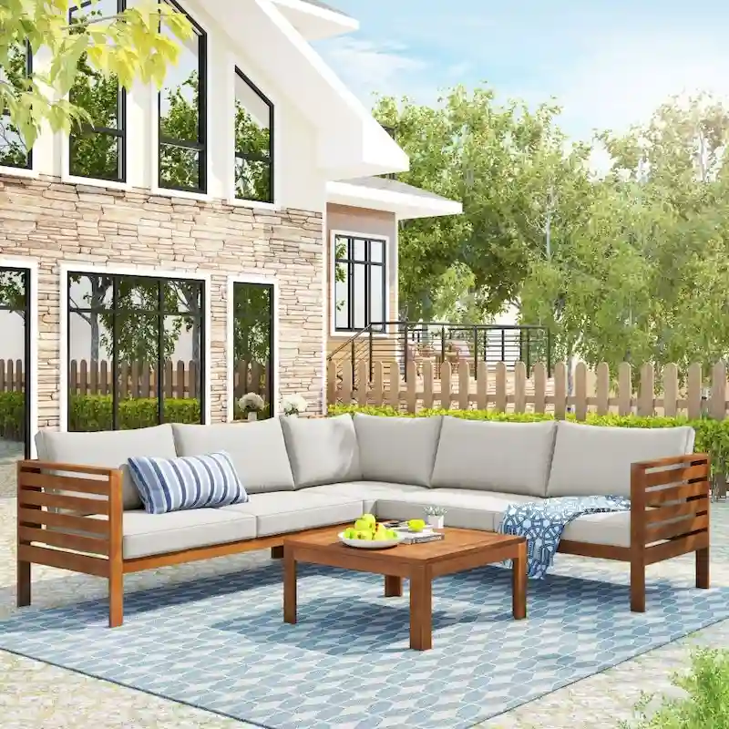 5-piece Modern Wooden Outdoor Sofa Set with Water-resistant Cushions