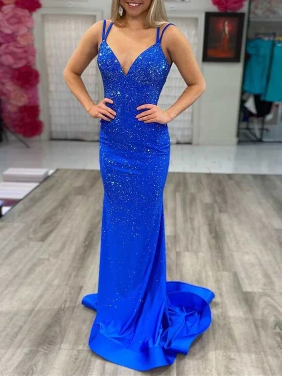 Mermaid V Neck Beaded Satin Prom Dress