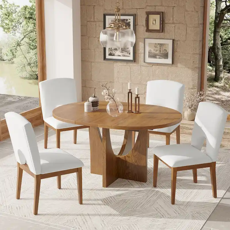 Modern Style 5-Piece Extendable Round Dining Table Set with Removable Leaf and Upholstered Dining Chairs