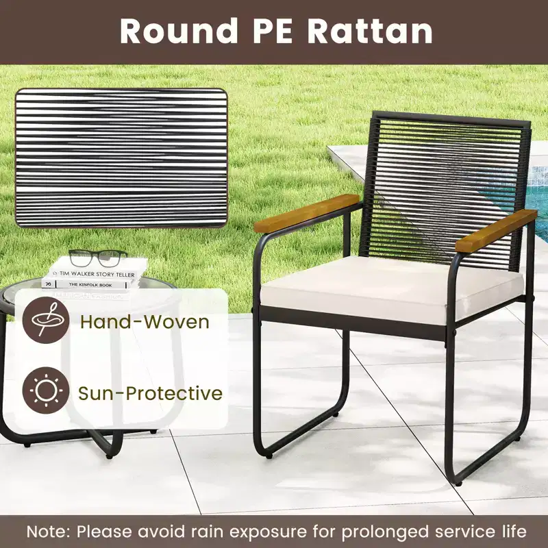 Costway 3 PCS Patio Furniture Set with Round Tempered Glass Top Table Armrests & Cushions