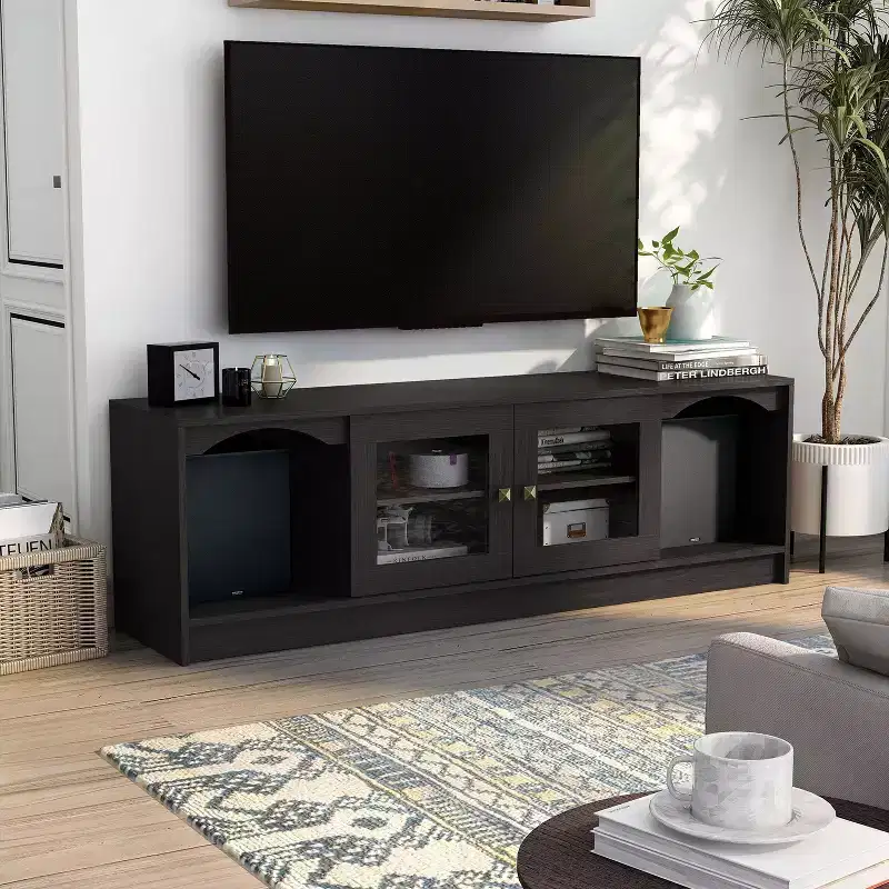 24/7 Shop At Home Jenny Modern TV Stand for TVs up to 70": Espresso Finish, Wood Frame, Open Shelves, 150 lb Capacity