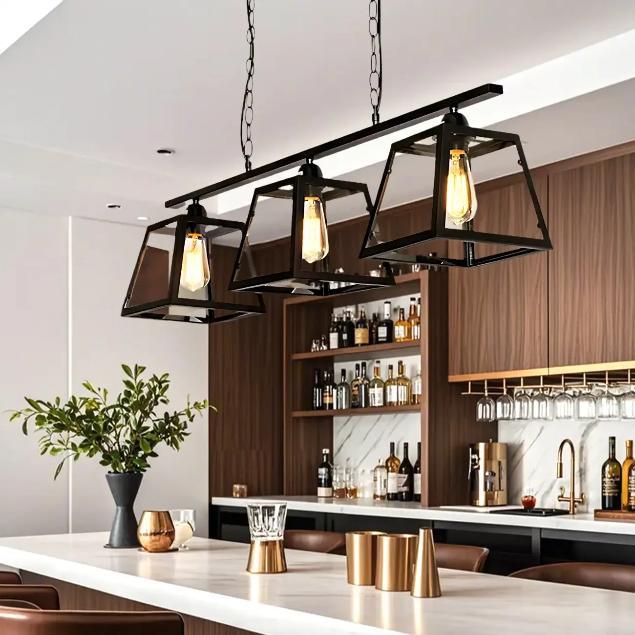 Industrial Black Metal 3-Light Pyramid Island Pendant Light