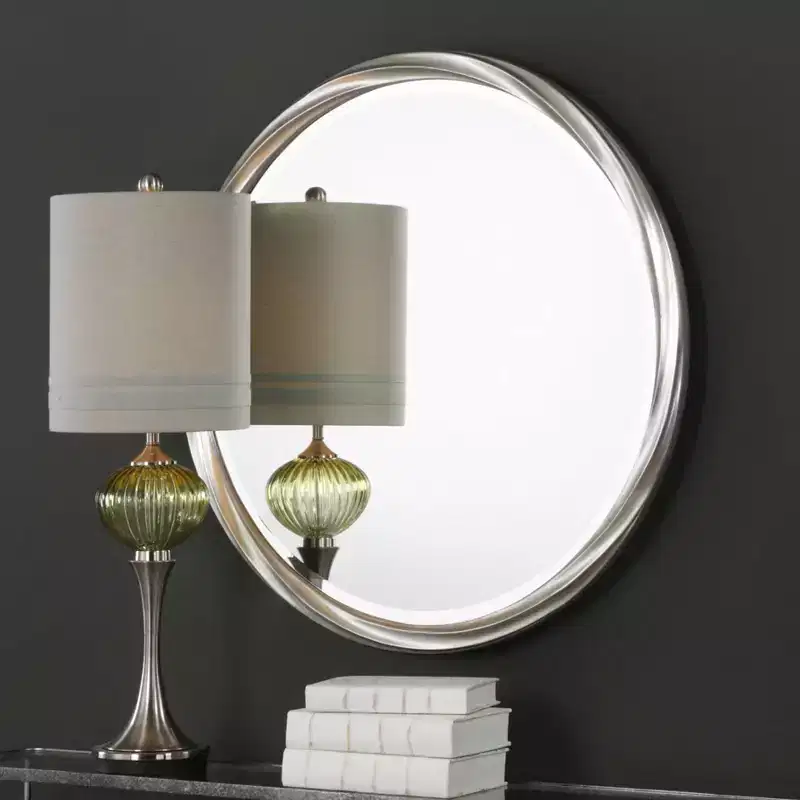 Uttermost Round Vanity Decorative Wall Mirror Modern Beveled Metallic Silver Leaf Frame 36 Wide for Bathroom Living Room Office