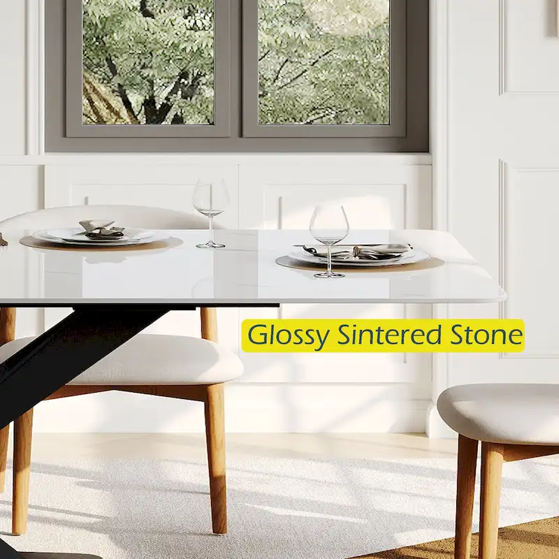 Modern Rectangular Dining table with Glossy Sintered Stone Table top, White Kitchen Table