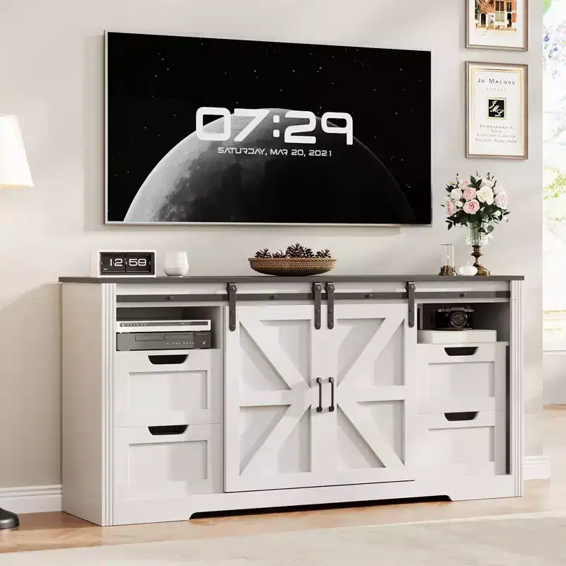 Farmhouse Entertainment Center TV Stand, Sliding Barn Doors, 4 Drawers, Adjustable Shelf, for Living Room, Bedroom