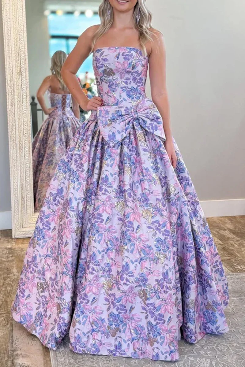 Lilac Strapless Floral Printed A Line Long Formal Prom Dresses With Bow