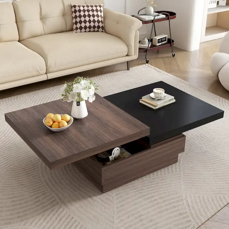 Rotatable Top Coffee Table, Modern Square Coffee Table with Wood Grain Design, 1 Hidden Storage Space for Living Room