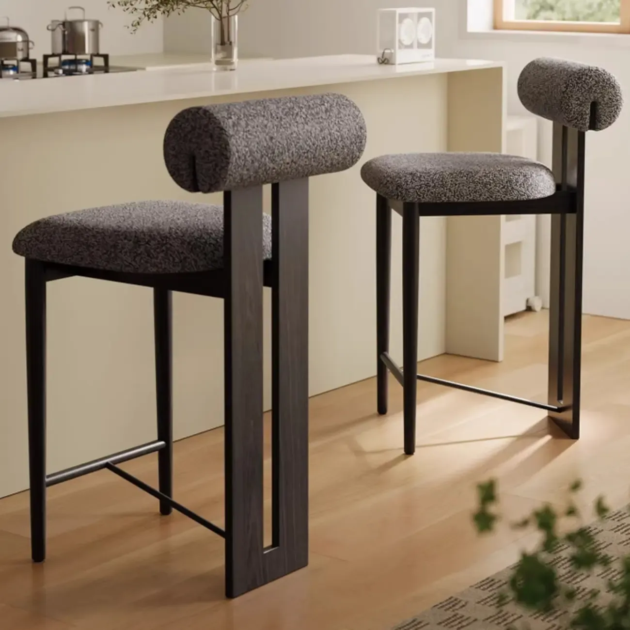 Mid-Century Modern Boucle Wood Counter Bar Stool