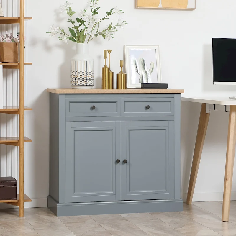 Sideboard Buffet Cabinet with 2 Drawers and Double Door Cupboard – Grey / White / Black
