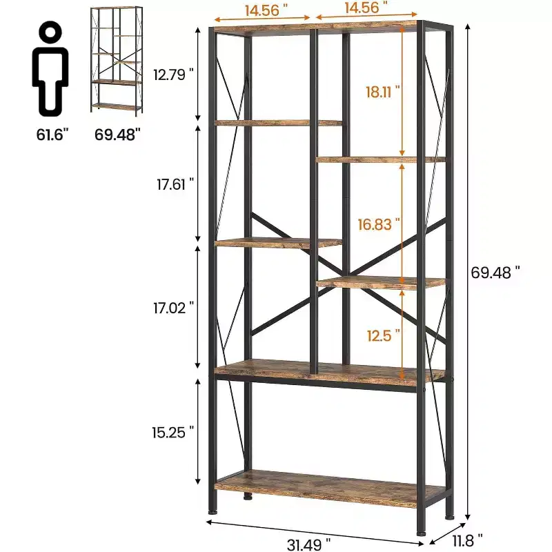 Industrial Bookshelf Vintage Bookcase with Storage Tall Standing Bookshelves Metal Frame Open Display Racks Unique Book Shelf