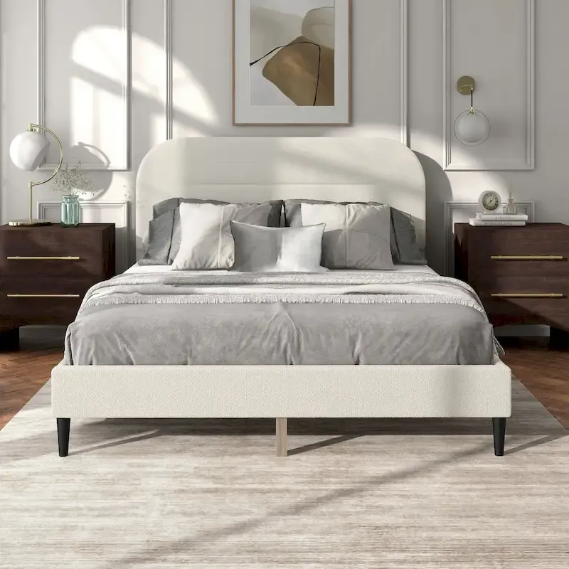 White Boucle Queen Platform Bed, Adjustable Headboard