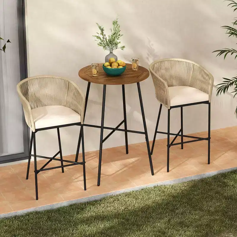 Costway 3 PCS Rope Woven Patio Bar Set with Soft Cushions and Acacia Wood Tabletop