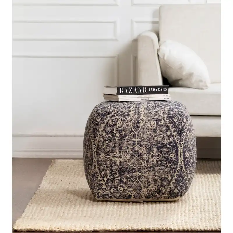 20-inch Blue & Ivory Square Pouf Ottoman