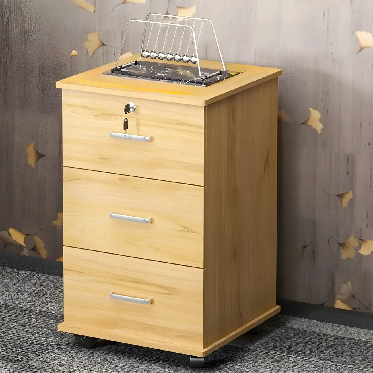 Lokable Brown-White Wood 3 Drawers Mobile Filing Cabinet