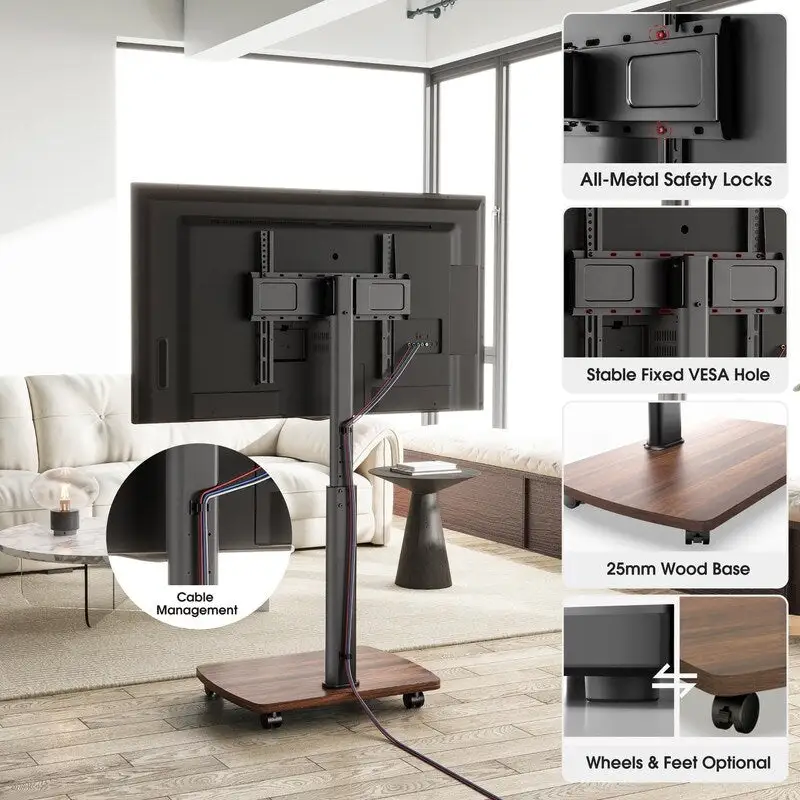 Black / Brown / White Rolling TV Stand with Height Adjustment & Swivel – Single