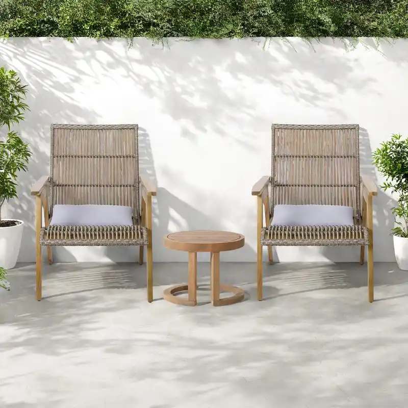 3-Piece Outdoor Acacia Wood Lounge Chairs Set with 2 Woven Wicker Lounge Chairs and 18 Solid Side Table