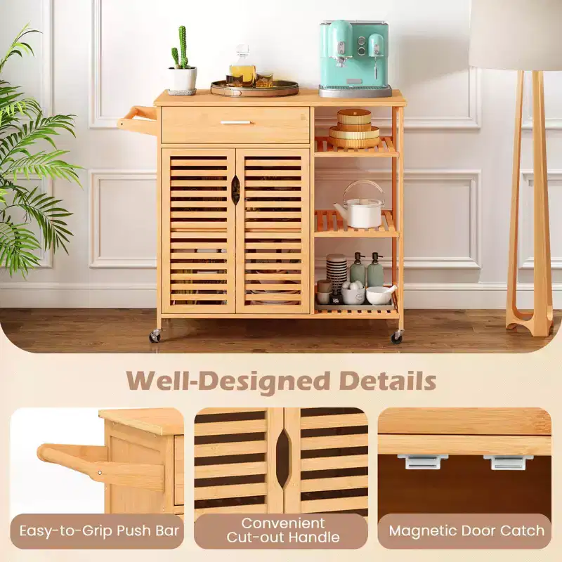 Natural Bamboo Kitchen Island Cart with Drawer, Cabinet & Lockable Wheels (1-Person Assembly)