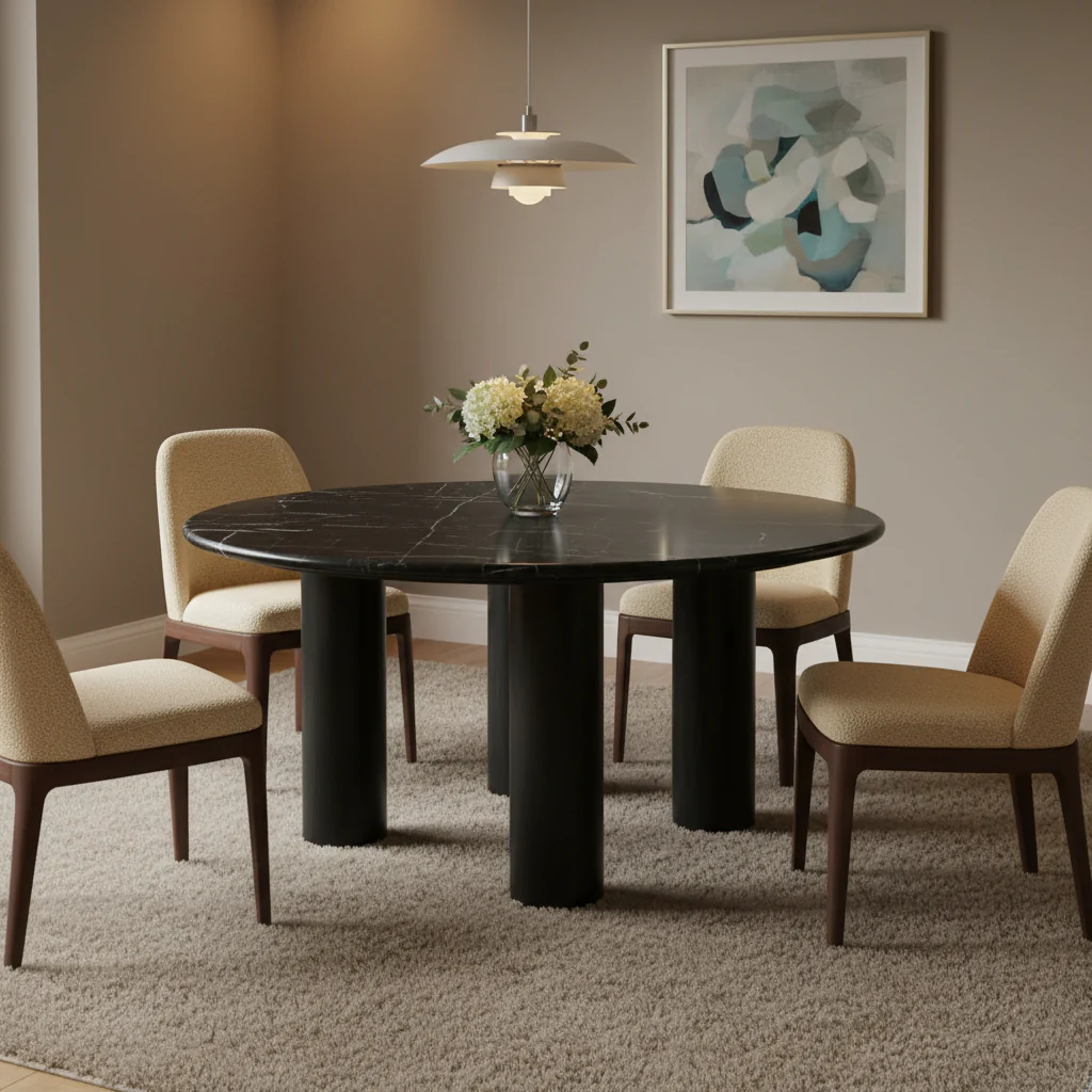 Round Coffee Table, Marble Top, Oak Wood Base, Brown / Black, 1-Person Use