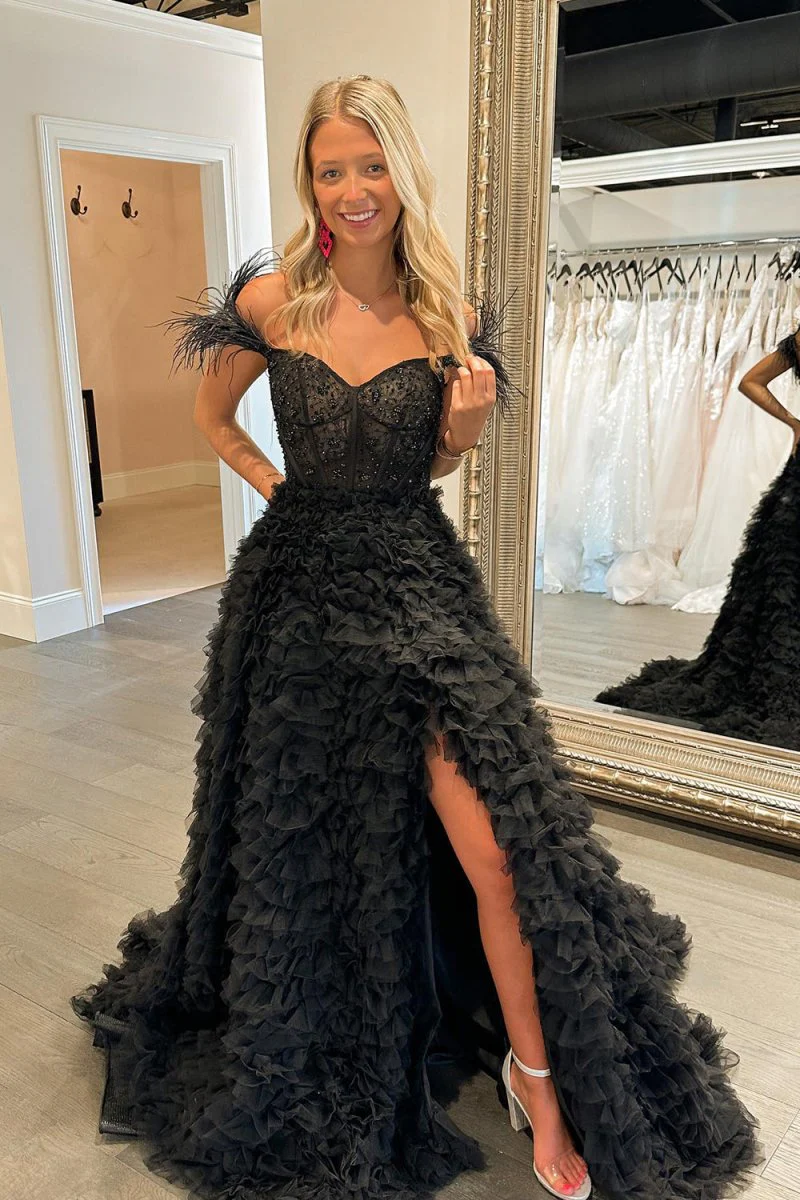 A Line Sweetheart Tiered Tulle Long Prom Dress With Slit