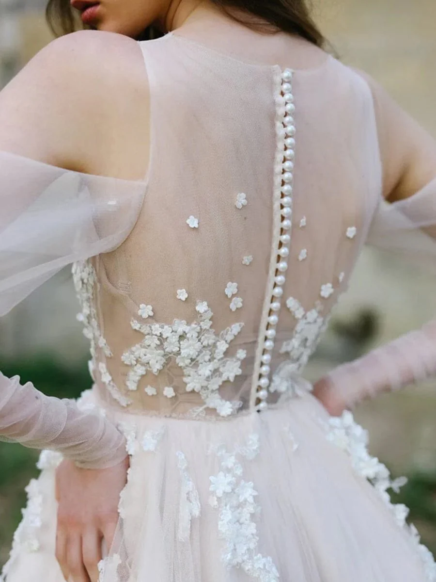 Off-The-Shoulder Tulle Illusion Sleeve Wedding Dress With Appliques