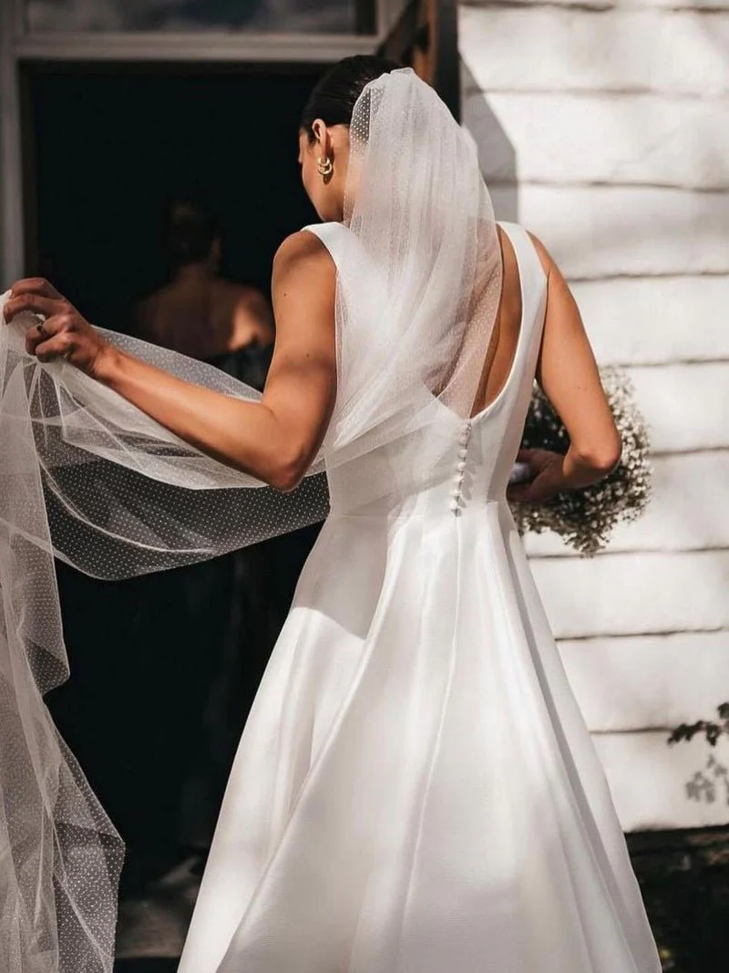 Simple A-Line Square Neck White Satin Wedding Dresses