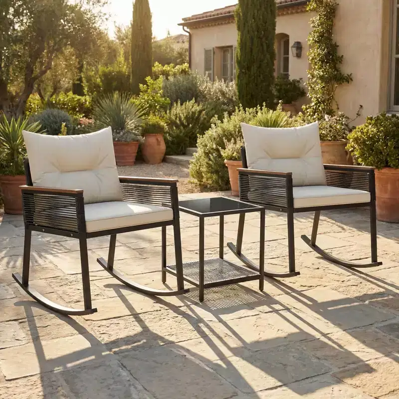Gymax 3-Piece Outdoor Rocking Bistro Set w/ 2-Tier Tempered Glass Coffee Table & Cushions for Patio & Garden