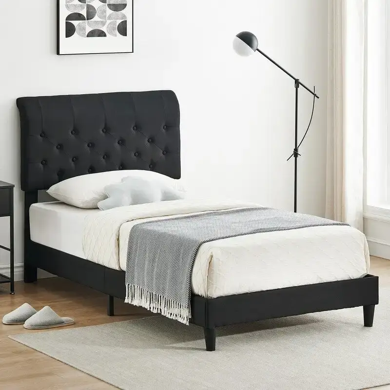 Twin Size Bed Frame with Curved Upholstered Headboard