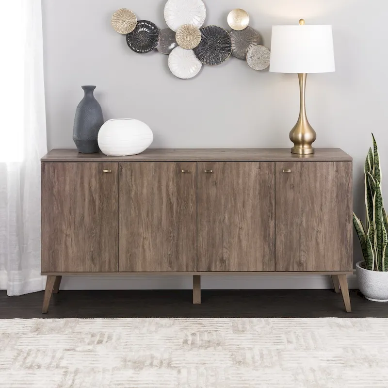 White / Drifted Gray Mid-Century Modern 4-Door Buffet Sideboard – Seats 4-6