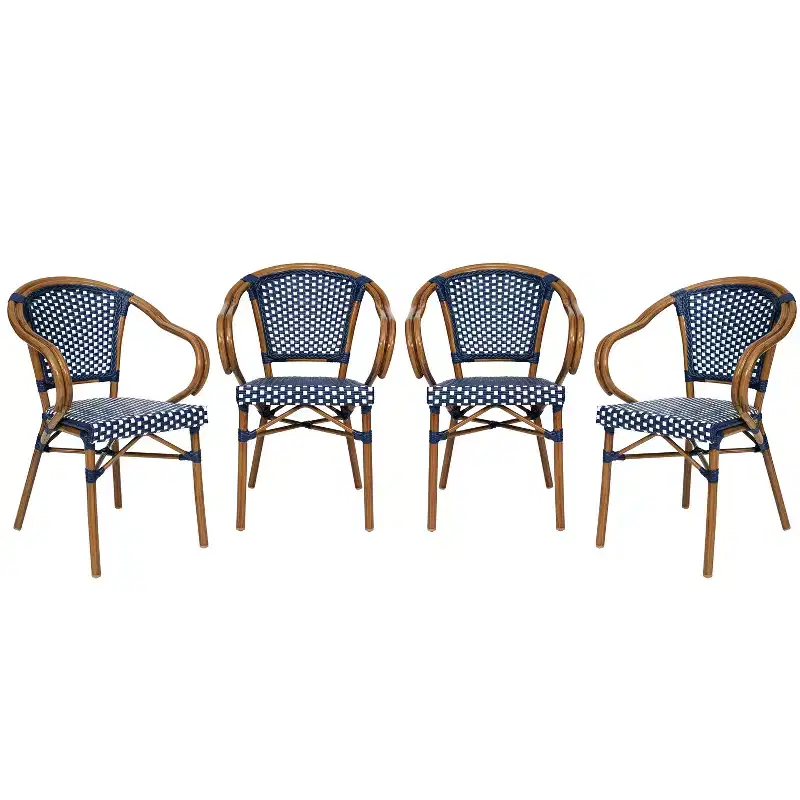 Emma & Oliver Soie Set of Four Indoor/Outdoor Stacking Thonet Bistro Style Chairs with Arms, PE Rattan Seat and Bamboo Finished Metal Frame
