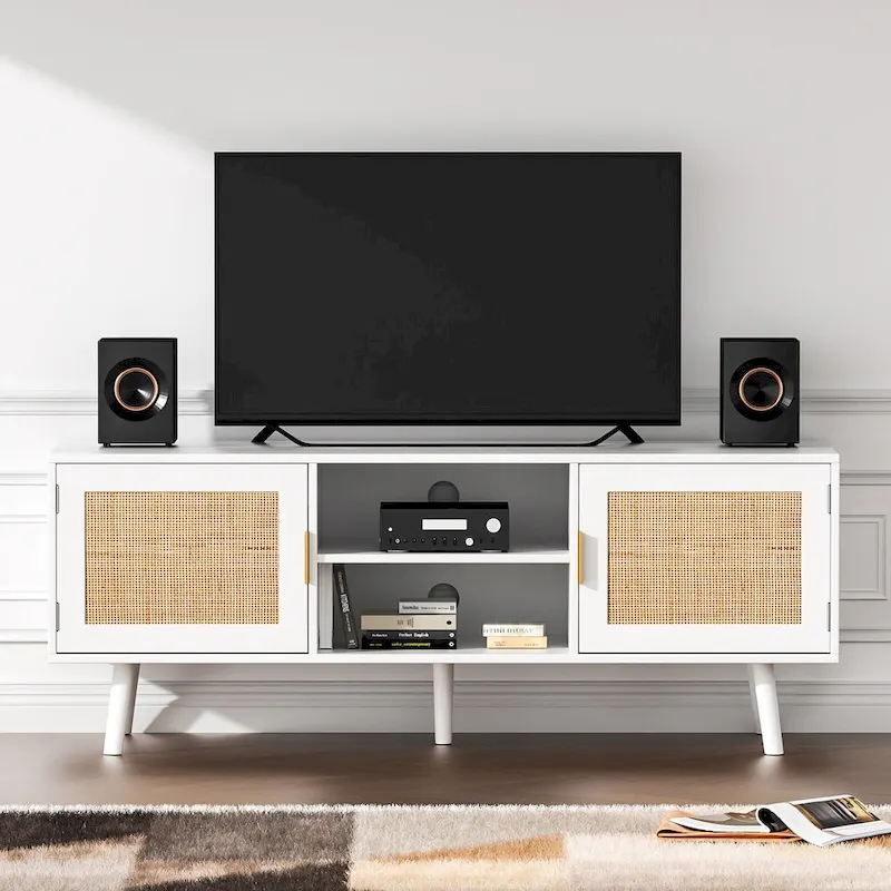 White Rattan Door TV Stand, 2-Door Style, Fits up to 75
