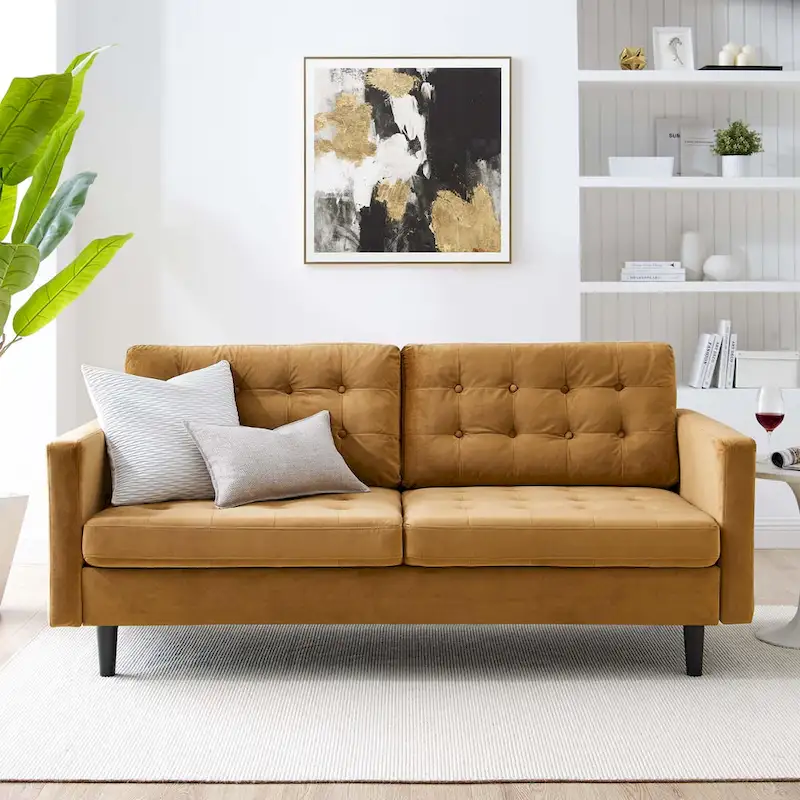 Gray Velvet Button-Tufted Sofa, 3-Seater