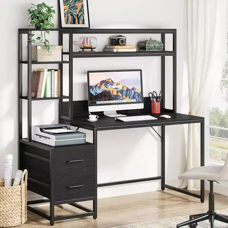 Lantine 55-Inch Computer Desk with 2 Drawers, Storage Shelves and Hutch for Home Office, Rustic Black Workstation