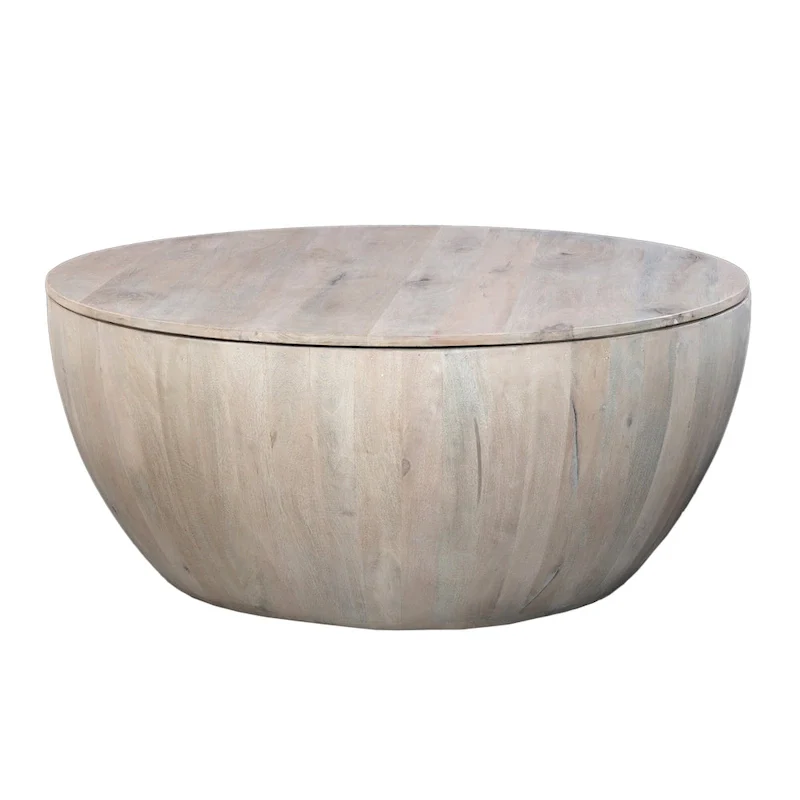 37-Inch Round Coffee Table with Storage, Drum Shape, Mango Wood