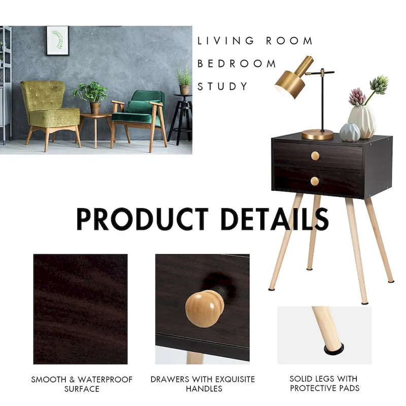 Espresso 2-Drawer Nightstand with Wood Legs