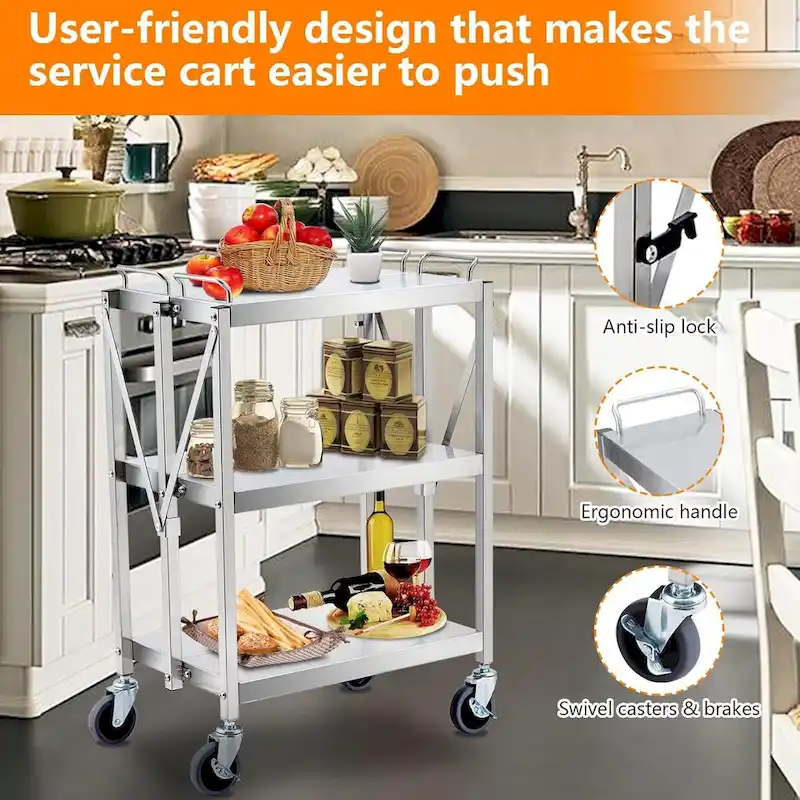 Foldable Utility Silver 3-Tier Service Cart with Wheels Lockable - N/A
